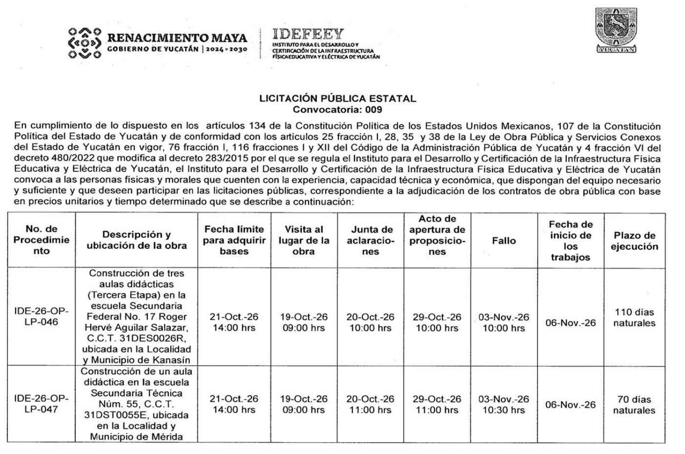Página del Diario Oficial del Gobierno del Estado de Yucatán del 14 de octubre de 2026 con una convocatoria de licitación pública